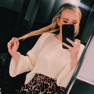 Trumpet Sleeve White Waffle Knit Top - M